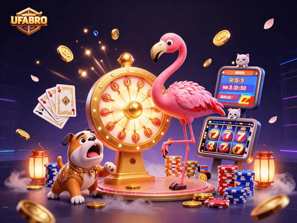 UFABRO spins excitement with a flamingo host, bulldog contestant, and prizes in a vibrant casino scene.