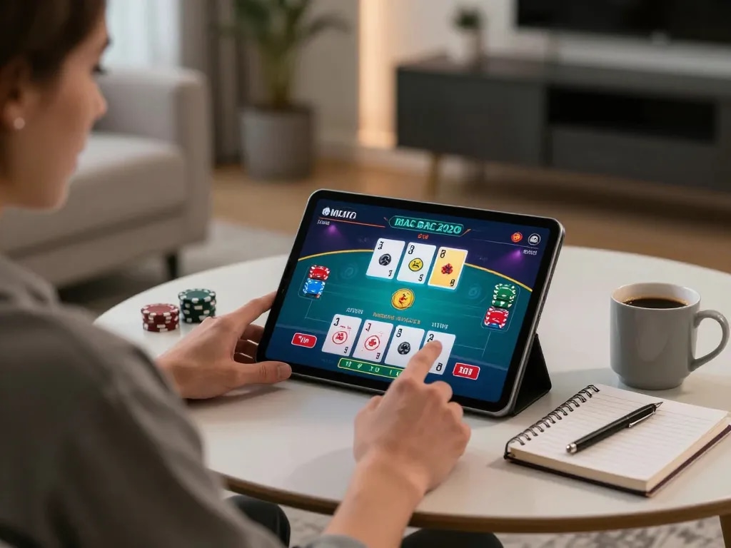 Play gtatoto live dealer baccarat on a tablet in a cozy home setting, emphasizing online gaming excitement.