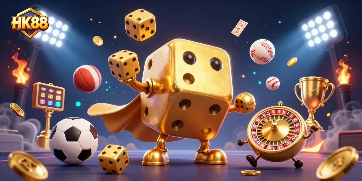 Engage in exciting bets at HK88, showcasing vibrant characters with golden elements and dynamic sports animations.