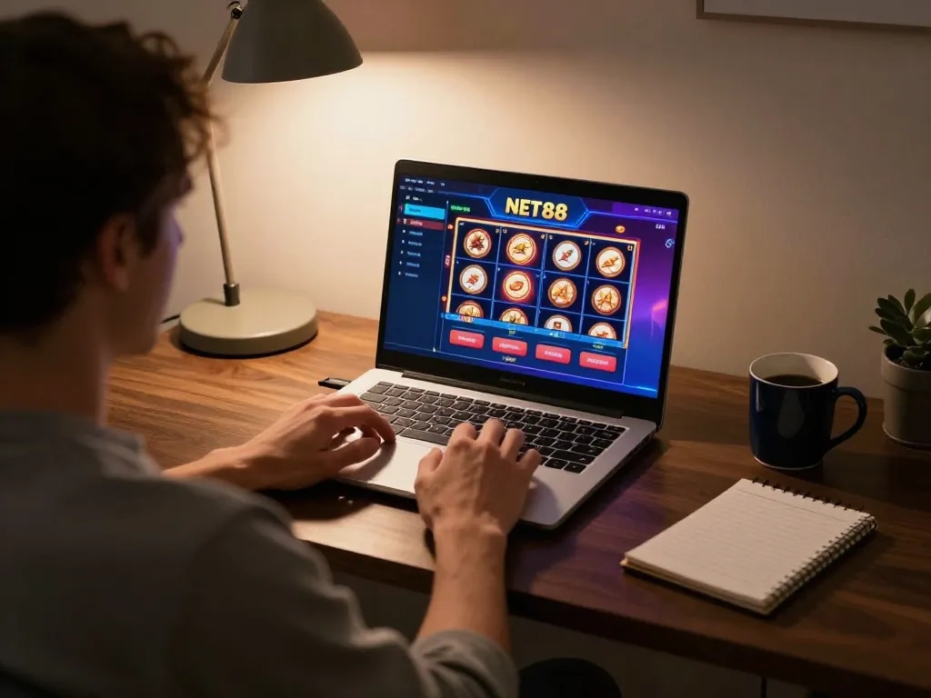 Engaged player enjoying net88 casino gaming on a stylish laptop at home, showcasing online slots excitement