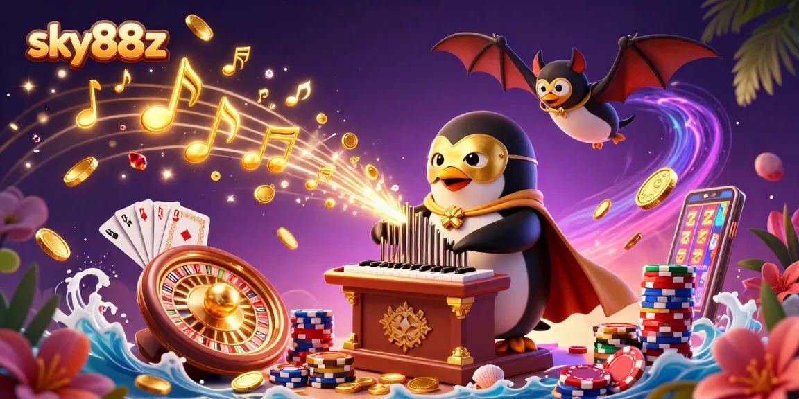 Experience the excitement of sky88z with a dynamic 3D casino scene featuring themed characters and game elements.