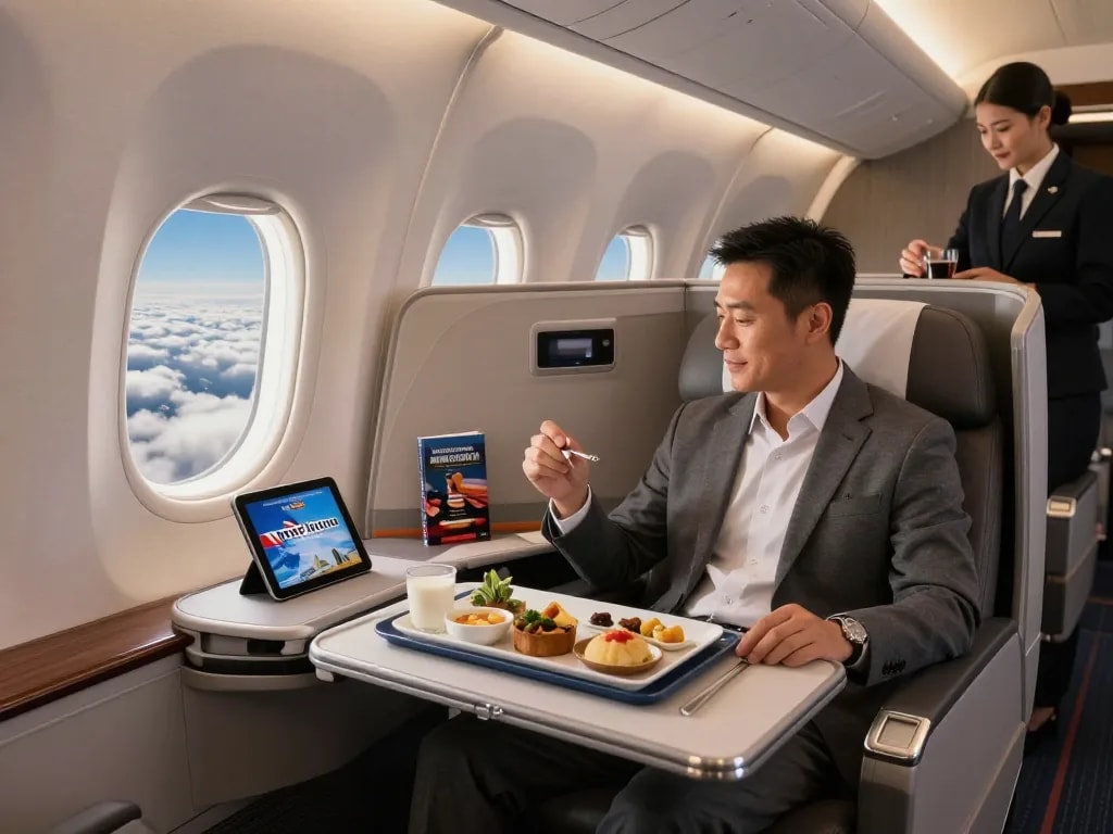 Passenger enjoying the luxurious Flagship Suite on American Airlines 789P Dreamliner with scenic views and gourmet meal.