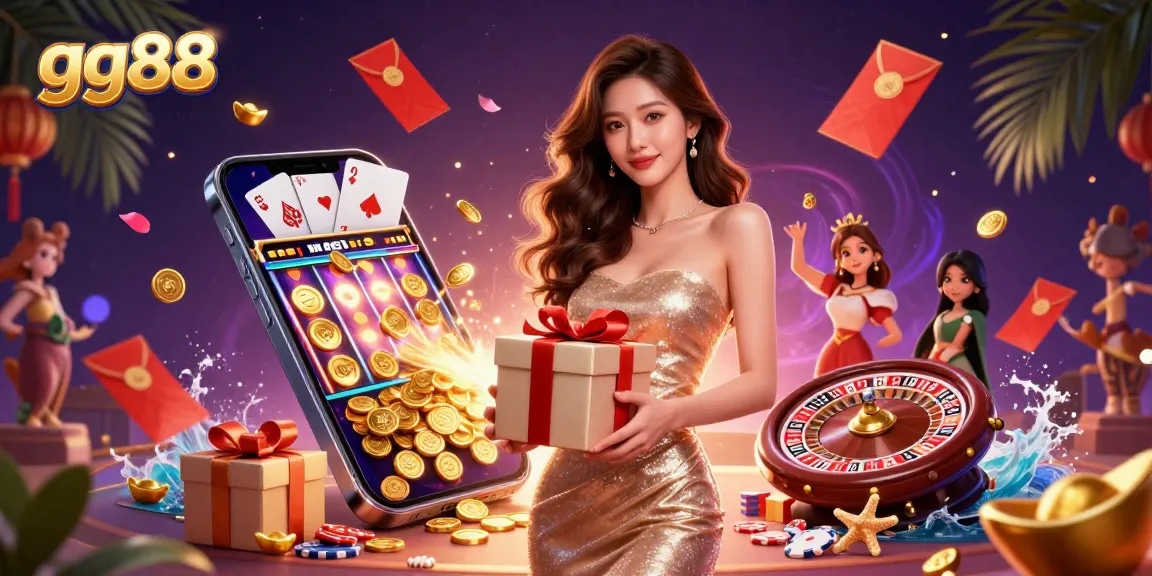 Engage with thrilling gg88 casino games featuring an Asian model celebrating Lunar New Year with sparkling decor.