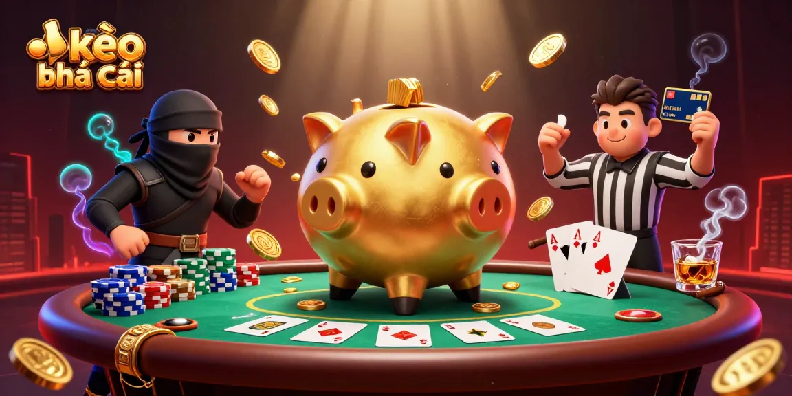 Experience exciting kèo nhà cái action with a golden piggy bank sumo wrestler and dynamic referee.