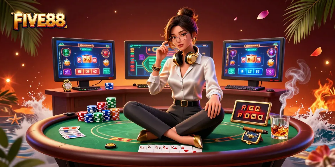 Experience the excitement of FIVE88 casino with a stylish gamer immersed in poker action and vibrant atmosphere.