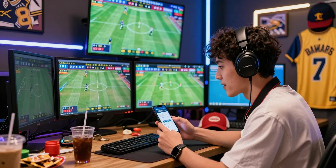 Exciting sports betting atmosphere with OPEN88 app on smartphone surrounded by screens showcasing live odds.