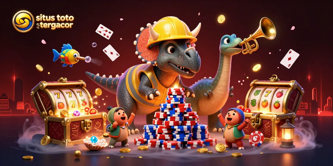 Experience the thrill of situs toto slot tergacor with a unique parade of cartoon dinosaurs amidst vibrant casino symbols.