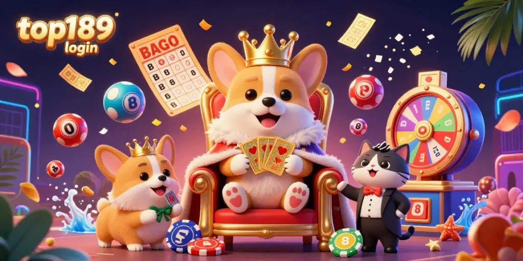 Experience the vibrant gaming world with top189 login, featuring a royal corgi surrounded by colorful gambling elements.