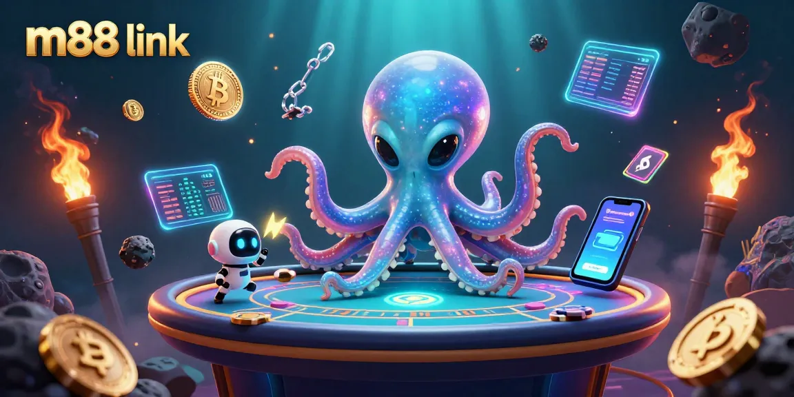 Experience the thrill of m88 link betting with an alien octopus at a holographic poker table.