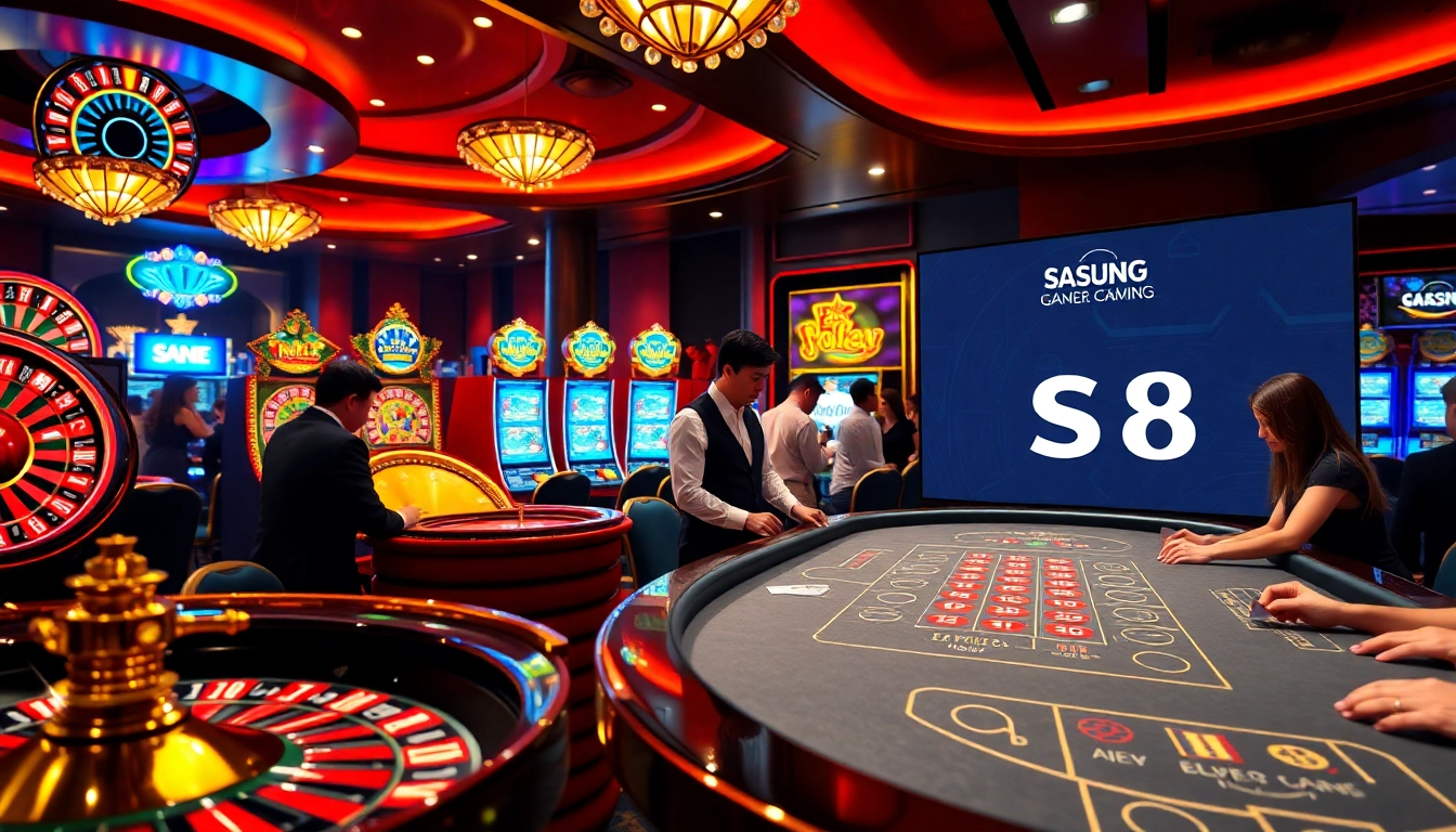 Players enjoying thrilling games at S8 casino, including slot machines and roulette wheels.