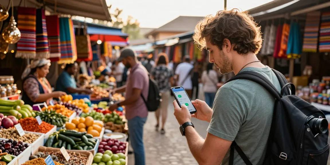 Traveler comparing Cupons eSIM deals at a vibrant market.