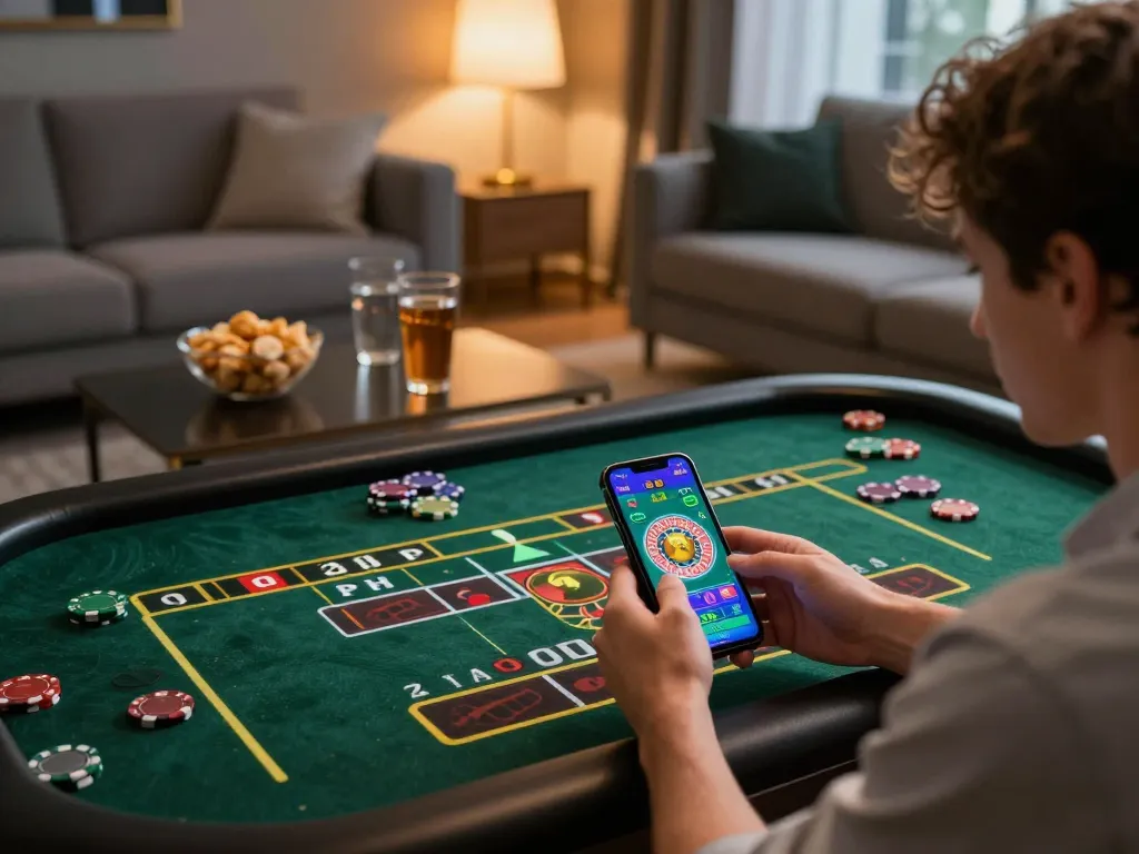 Player enjoying ks4d games on smartphone in a cozy living room setting, strategic gameplay with snacks nearby.