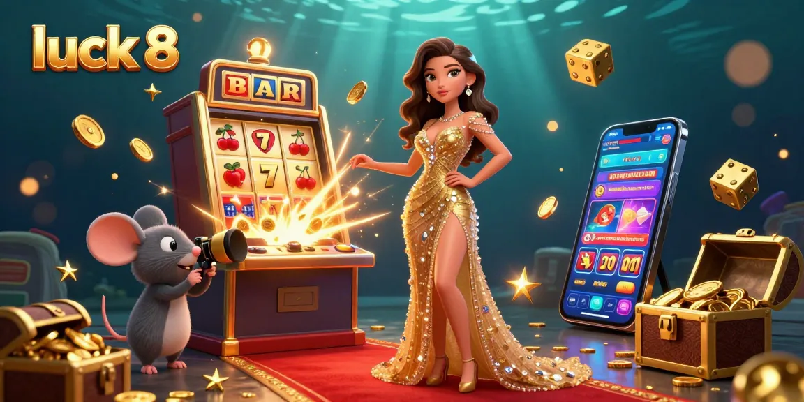 Engage with luck 8 in this vibrant jackpot scene featuring a dazzling woman and golden game elements.