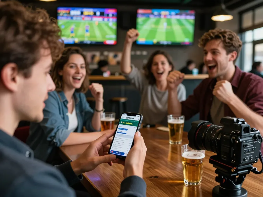 Engaging moment of placing bets via bdtk66.one app in a bustling pub during sports events.