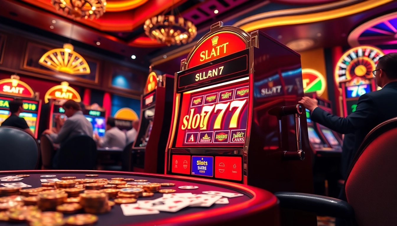 Players enjoying the excitement of slot777 machines in a luxurious casino setting.