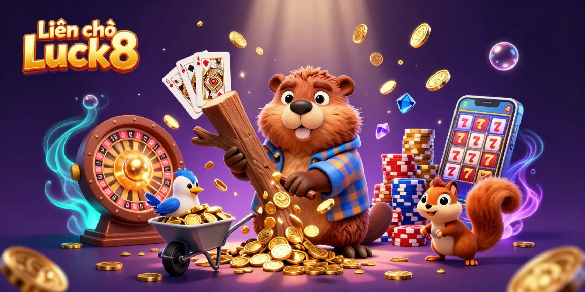 Experience Liên hệ Luck8 through this colorful scene of a beaver collecting coins and enjoying casino games.