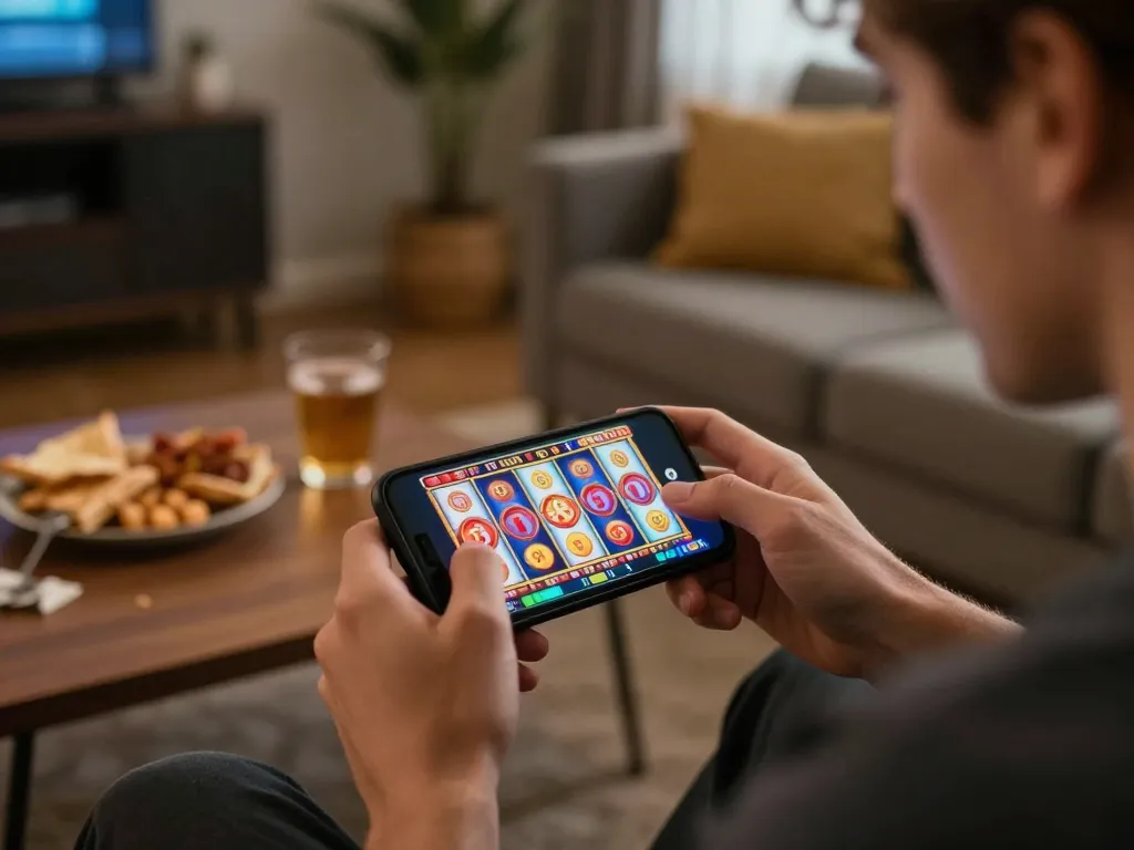 Engaged in thrilling mobile gaming with mantra88 slots on a smartphone, showcasing responsible entertainment at home.