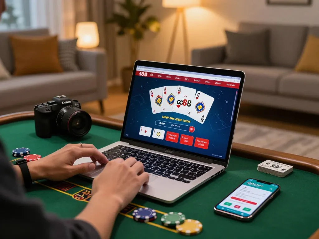 Engaged player enjoying blackjack on Go88 online casino from a cozy home setup, showcasing strategic gameplay