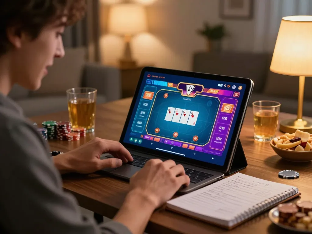 Engage in exciting online poker at tip88, experiencing vibrant gameplay in a cozy home setup.