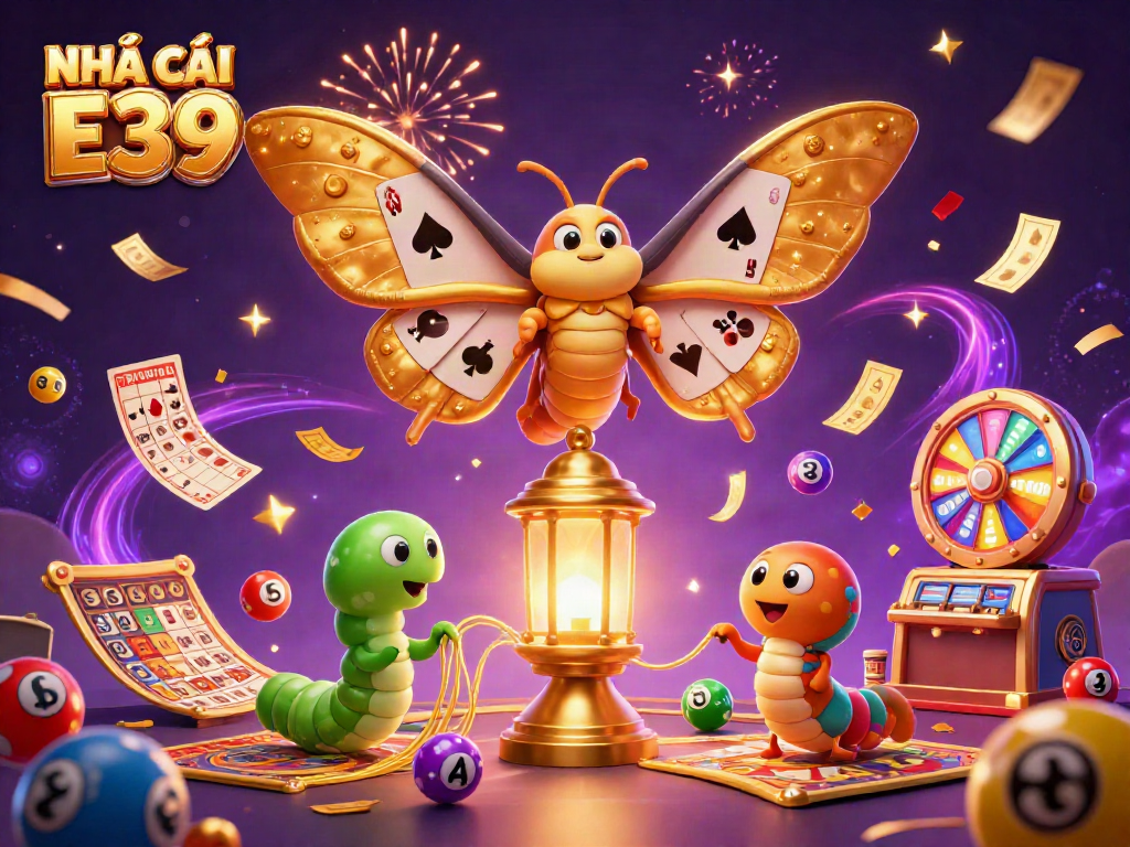 Join the excitement of NHÀ CÁI E39 with a vibrant 3D casino scene featuring lottery elements and festive atmosphere.