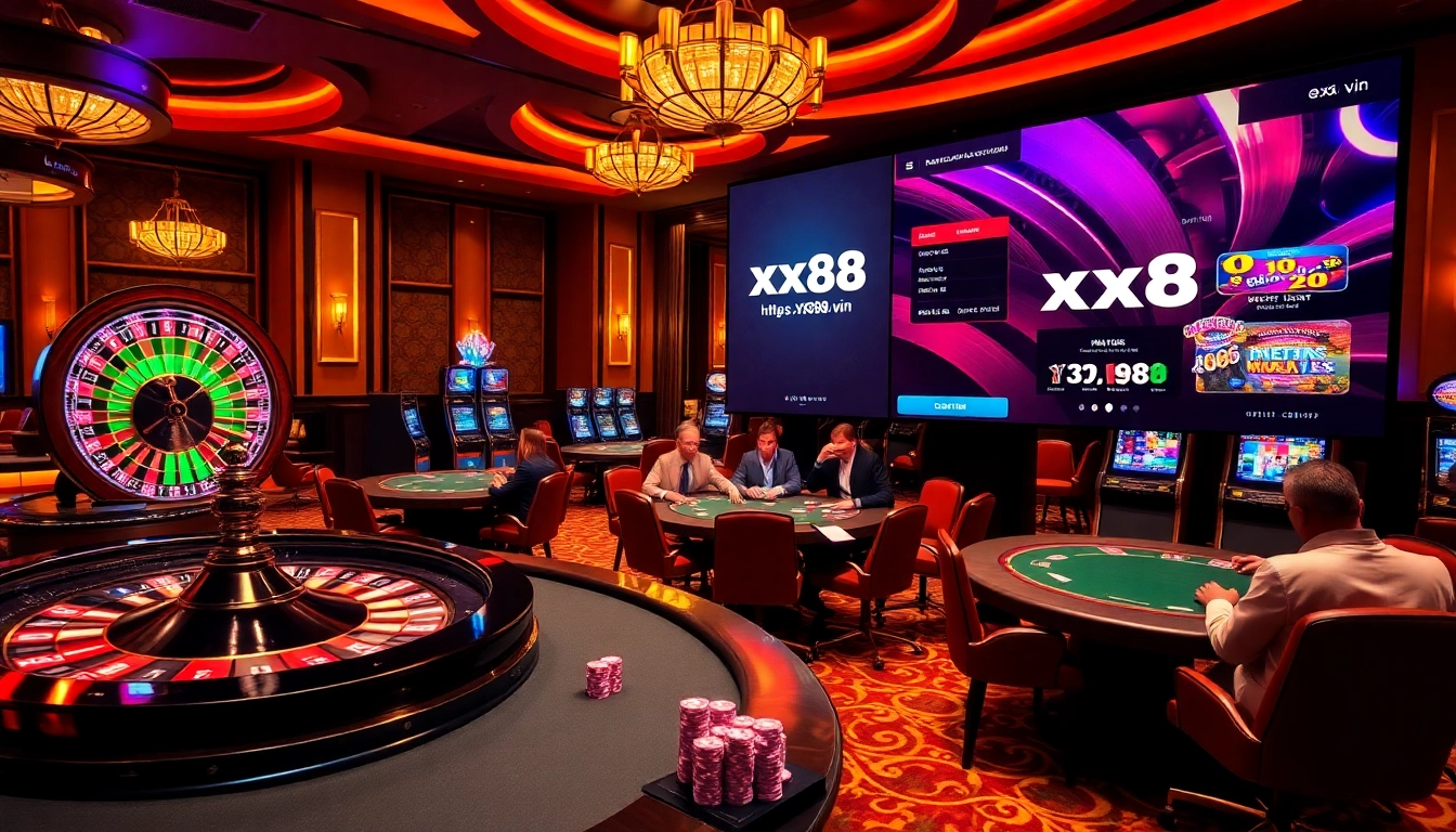 Exciting gambling scene at https://xx88.vin/ showcasing poker tables and vibrant roulette wheel.