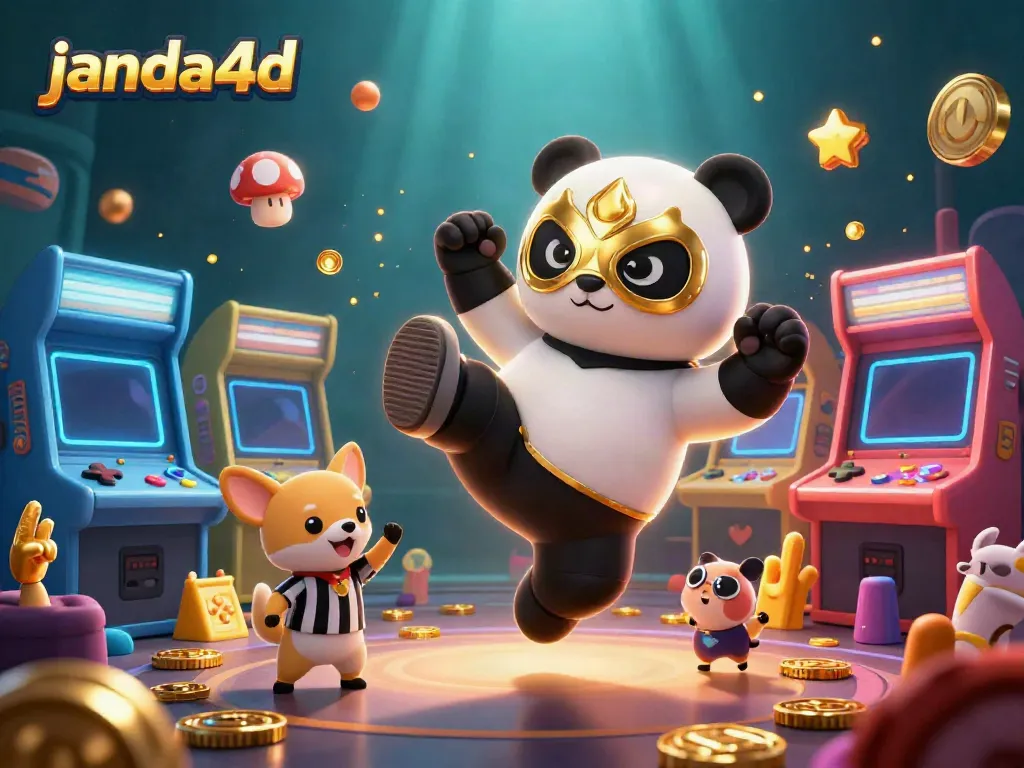 Merayakan kemenangan di janda4d dengan panda penggulat 3D dan penonton hewan yang bersemangat.