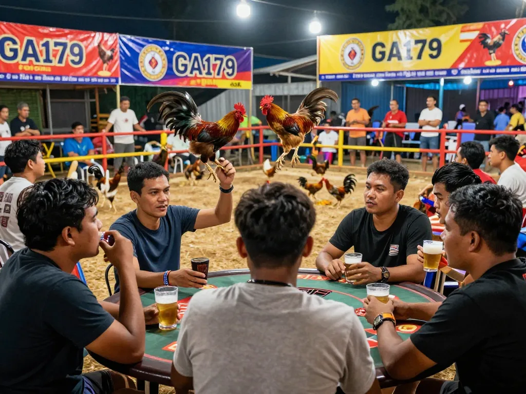 Exciting live cockfighting scene with GA179 branding showcasing vibrant atmosphere and enthusiastic players.