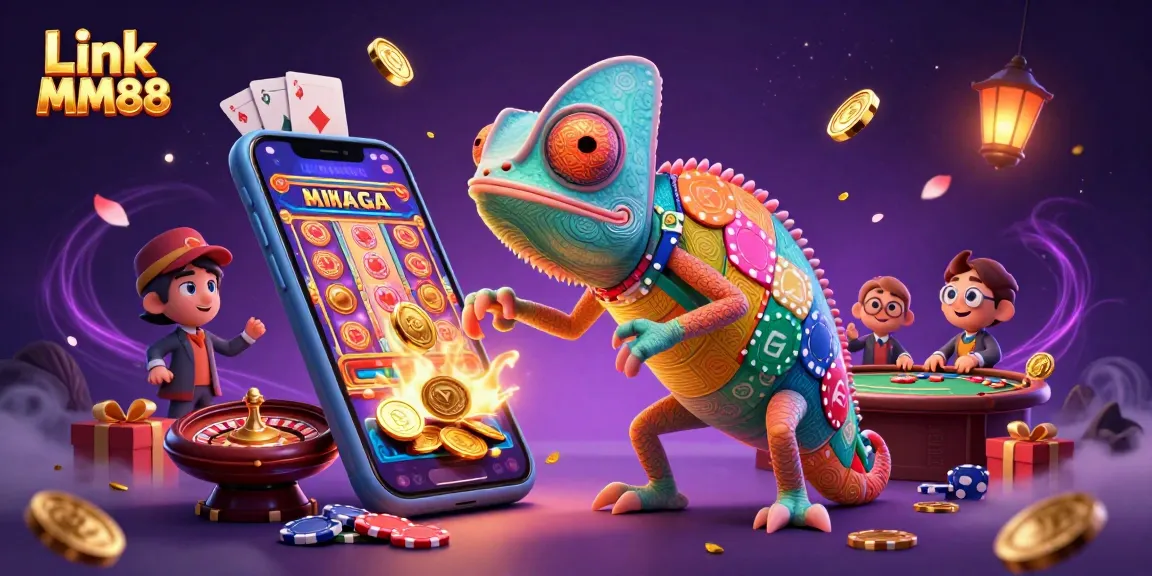 Engage with the dynamic illustration of Link MM88 highlighting vibrant casino elements and gaming excitement.