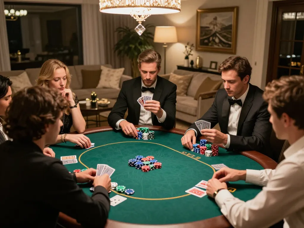 Friends playing poker at home, with strategic bets on du88 cards and colorful chips visible.
