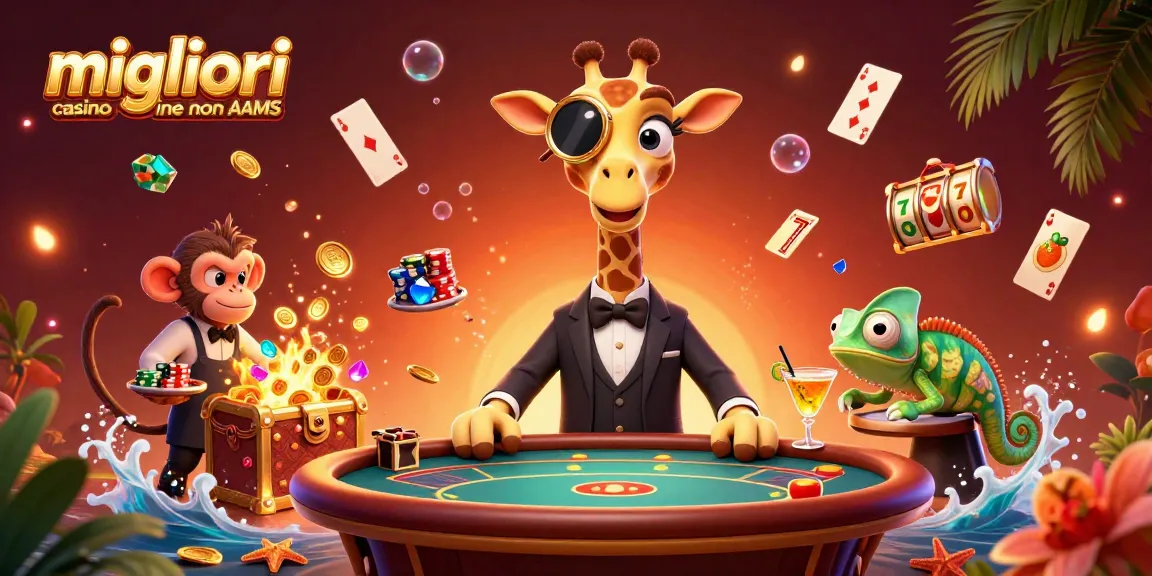 Migliori casino online non AAMS in una vivace scena 3D con personaggi giocosi ed elementi di gioco entusiasmanti.
