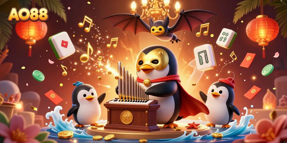 AO88 penguin plays an organ shooting coins, surrounded by vibrant casino elements and action