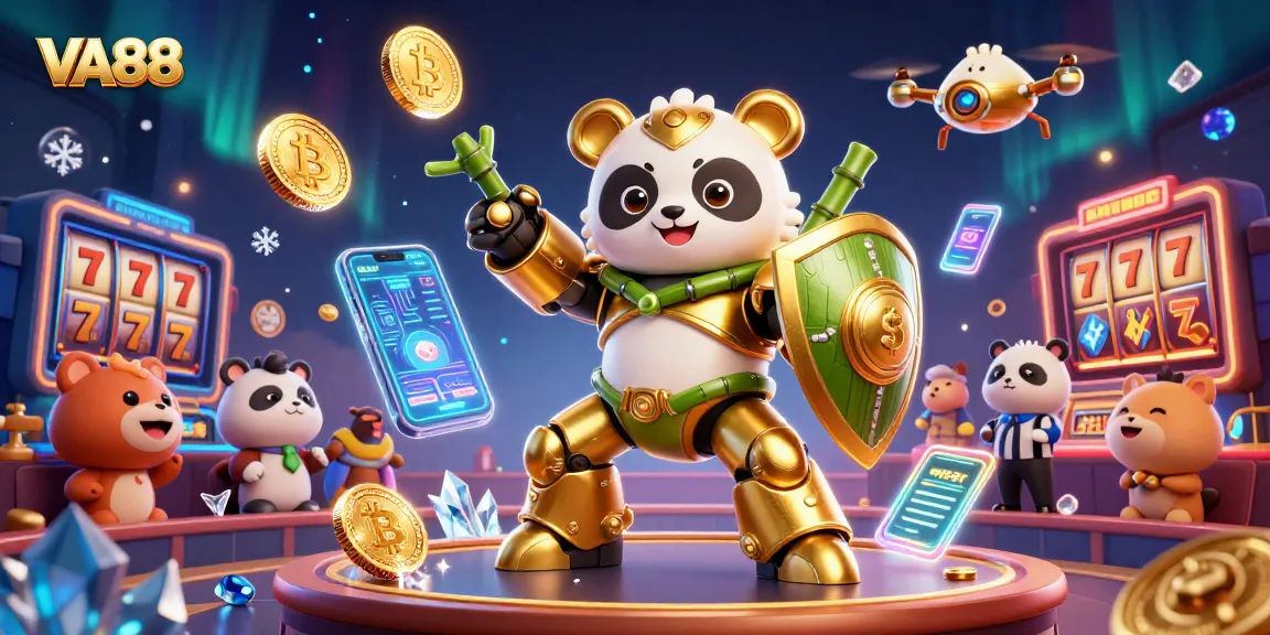 VA88 casino scene with a mech-suit golden panda and Bitcoin coins amidst dynamic slot elements