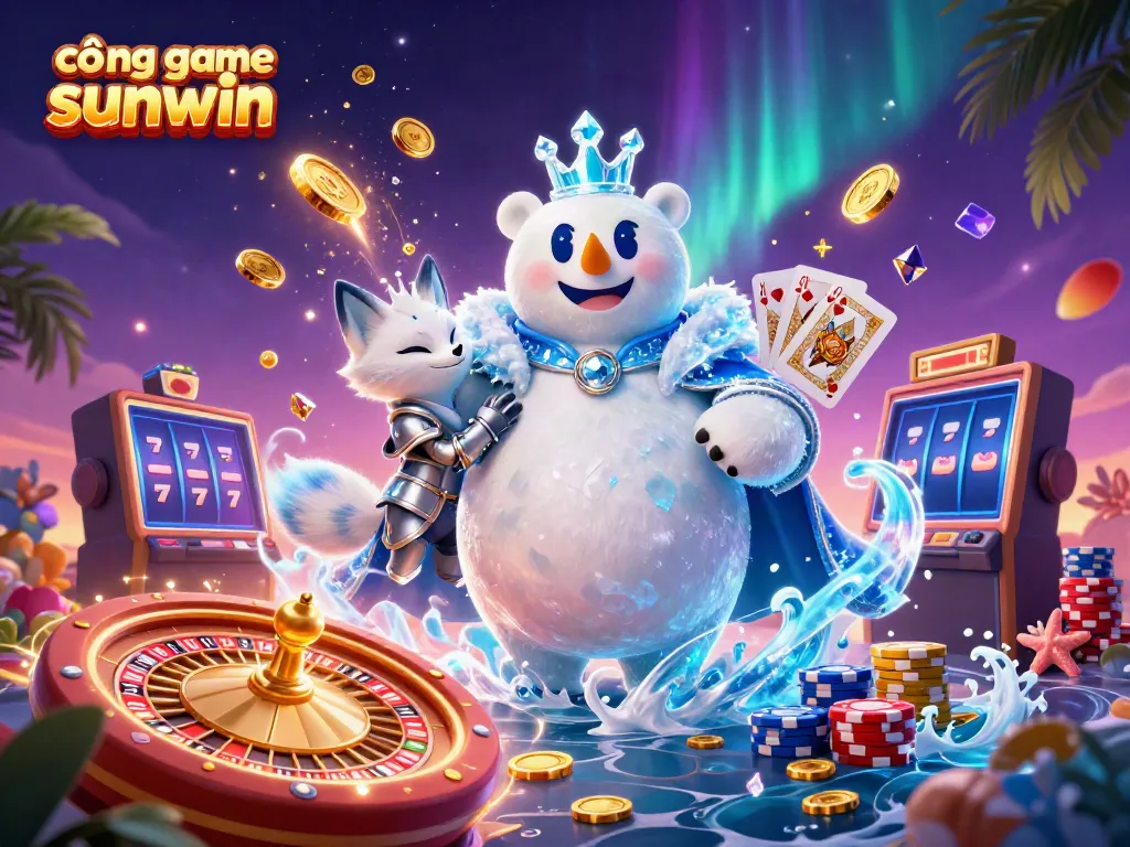 Engage with cổng game sunwin featuring a majestic ice king and snow fox amidst vibrant casino elements.
