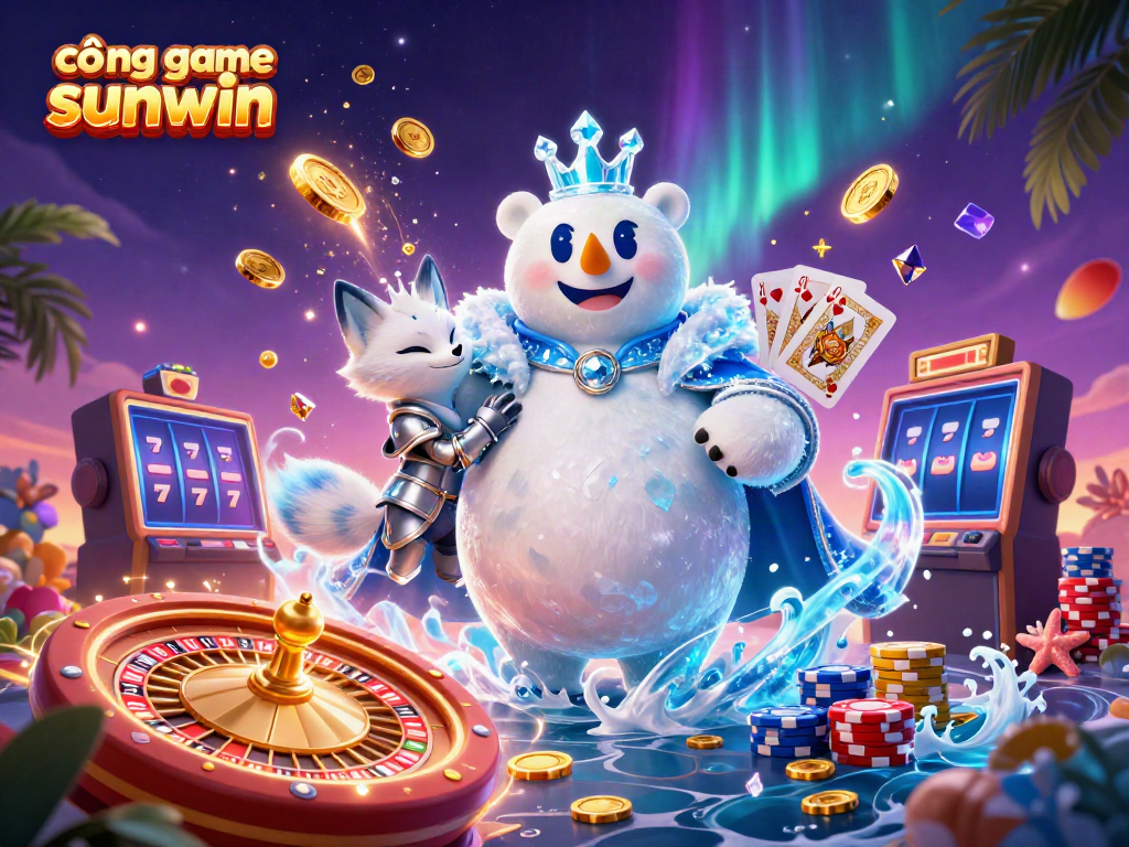 Engage with cổng game sunwin featuring a majestic ice king and snow fox amidst vibrant casino elements.