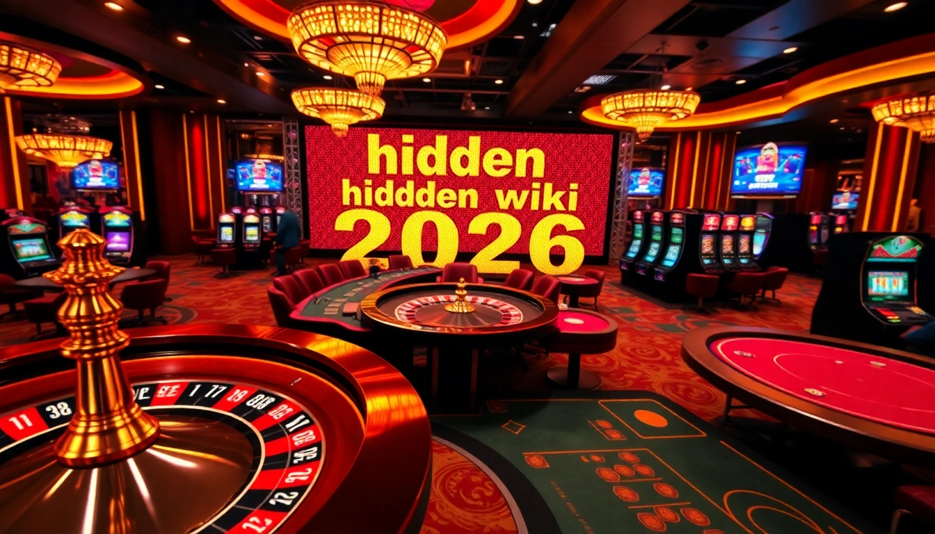 Engaging scene of a casino with "hidden wiki 2026" featuring roulette, poker chips, and vibrant lights.
