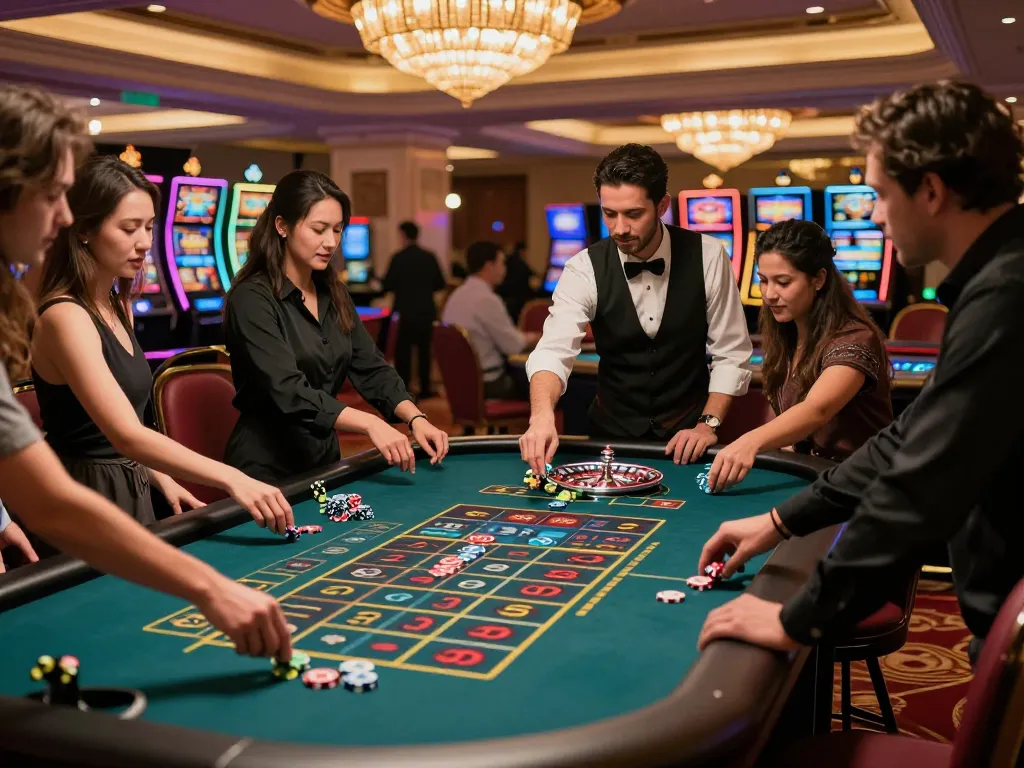 Witness the excitement of IDCASH88 at a bustling roulette table in an upscale casino as players place bets.