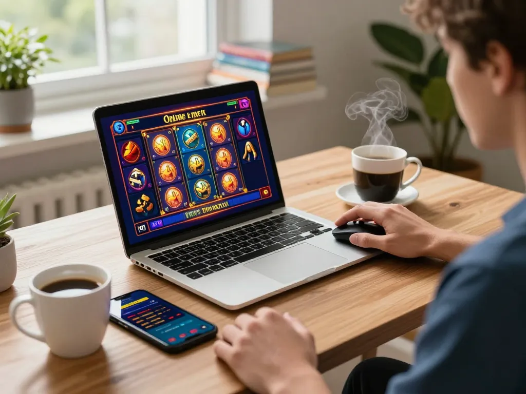 KADAL778 player engaged in online slot game at home, demonstrating strategic gaming choices.