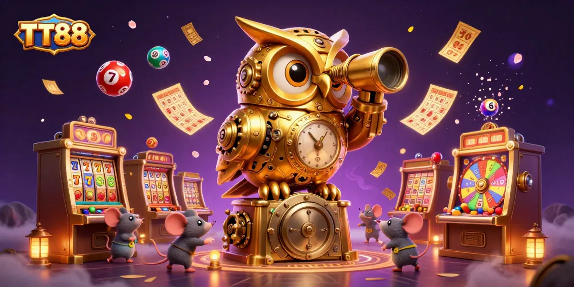 Experience the excitement of TT88 as a golden owl surveys a vibrant casino filled with dynamic slots and games.