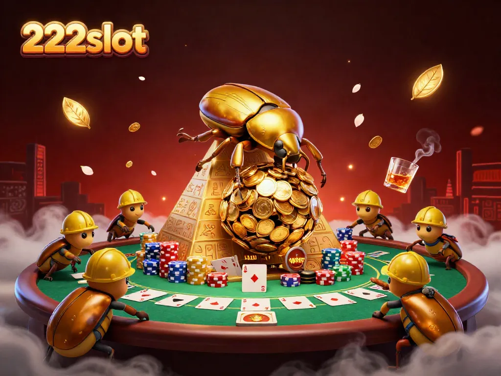 Gulung bola koin emas dengan karakter 222slot dalam ilustrasi kasino 3D yang dinamis.