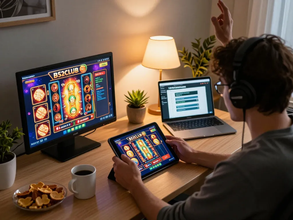 B52CLUB player engaged in thrilling online slots session with exciting gameplay and snacks.