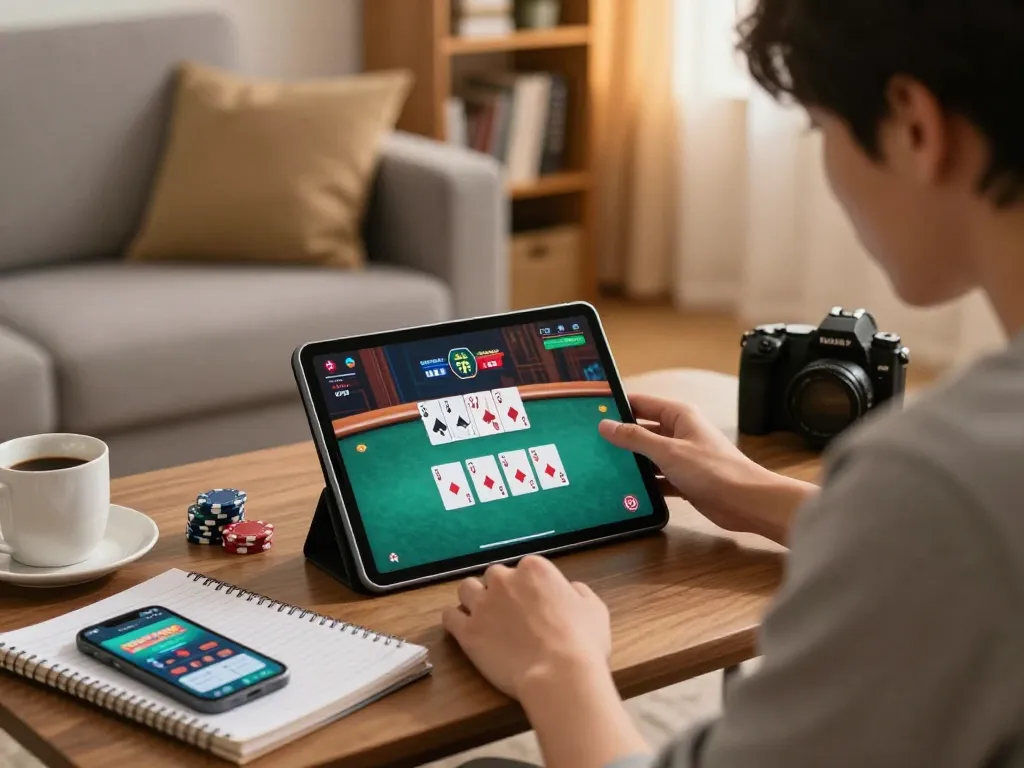Engaged player using the uu88 casino app on tablet for strategic poker game in cozy home setting.