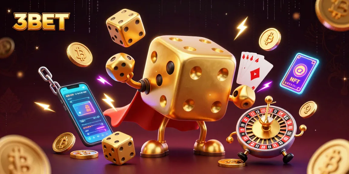 3BET showcases dynamic casino action with a golden dice golem, juggling dice amidst neon crypto elements.