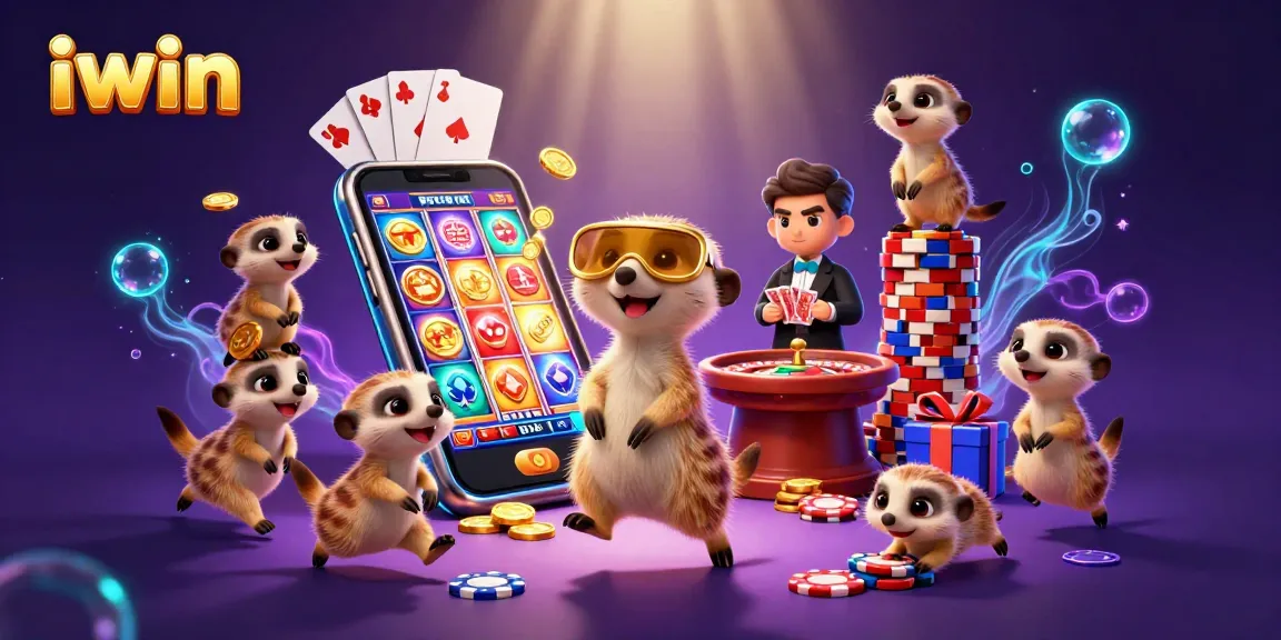 iwin meerkats managing a bustling slot casino with vibrant gaming elements and a colorful atmosphere.