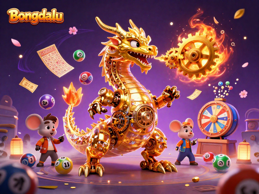 Bongdalu showcases a golden dragon and a mouse engineer amidst colorful lottery elements and vibrant casino imagery.