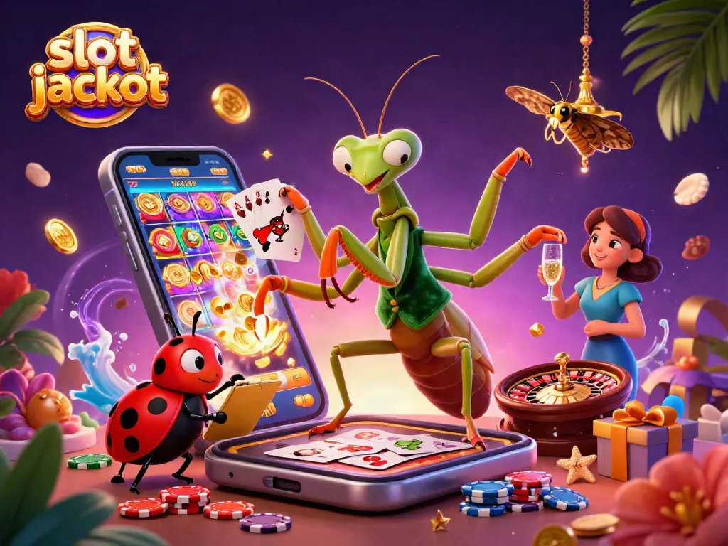 Spin the reels and celebrate big wins with the slot jackpot characters in a vibrant casino scene.
