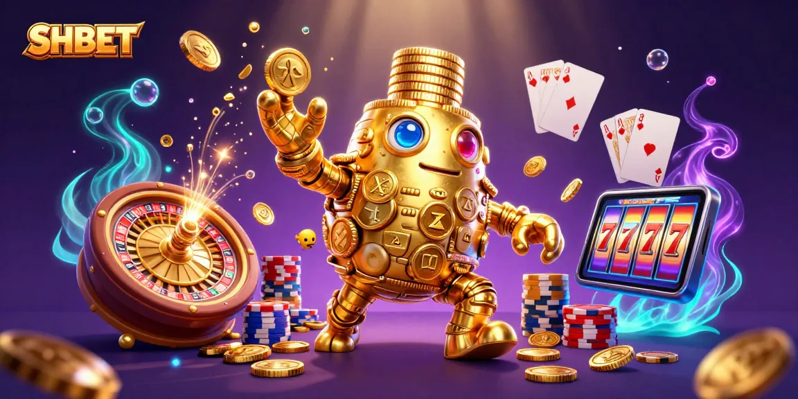 Experience thrilling gaming at SHBET with a dynamic golden golem, vibrant casino elements, and immersive visuals.