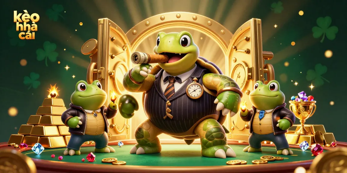 Engage with the thrilling world of kèo nhà cái featuring a cartoon turtle in a mobster suit and bullfrogs amidst casino riches.