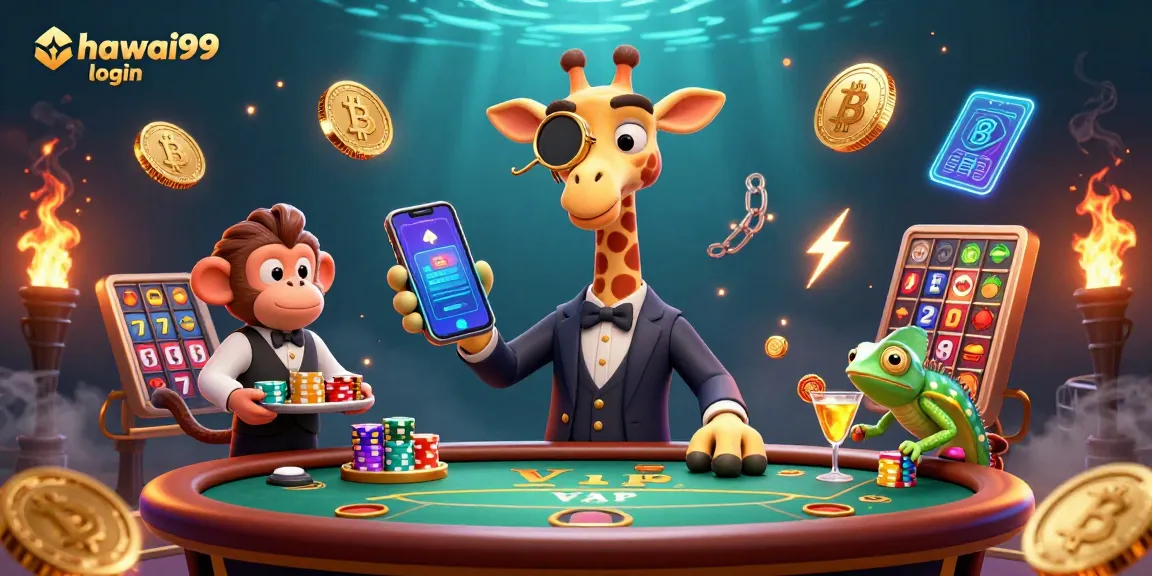 Experience hawai99 login at a vibrant casino scene with a high-roller giraffe, monkey valet, and chameleon bartender.