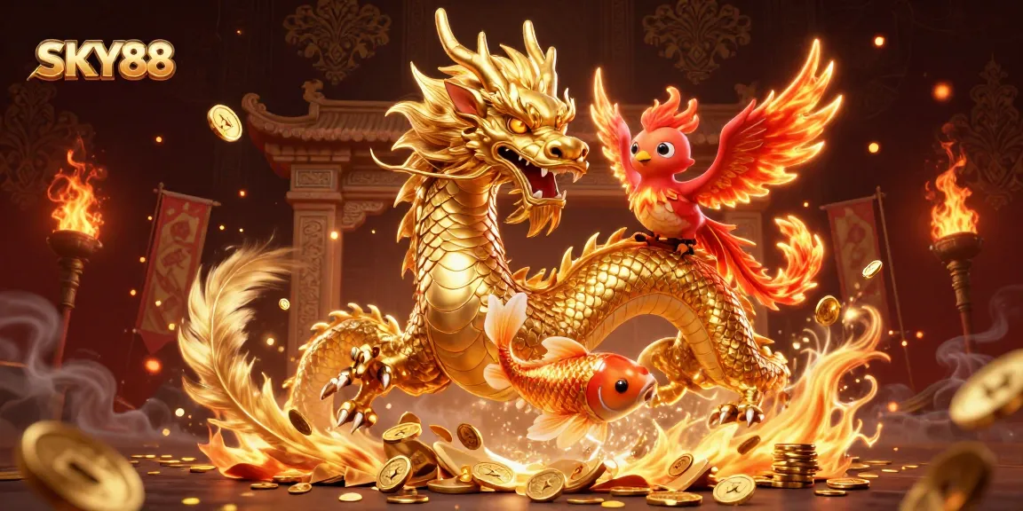 Bet on epic adventures with SKY88 featuring a fierce dragon and winning koi fish illustration.