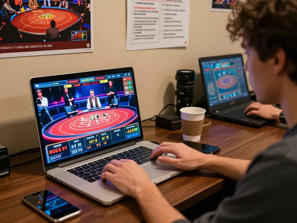 Engaged player using 123bmvp to navigate online casino games on a laptop, showcasing an immersive gaming experience.